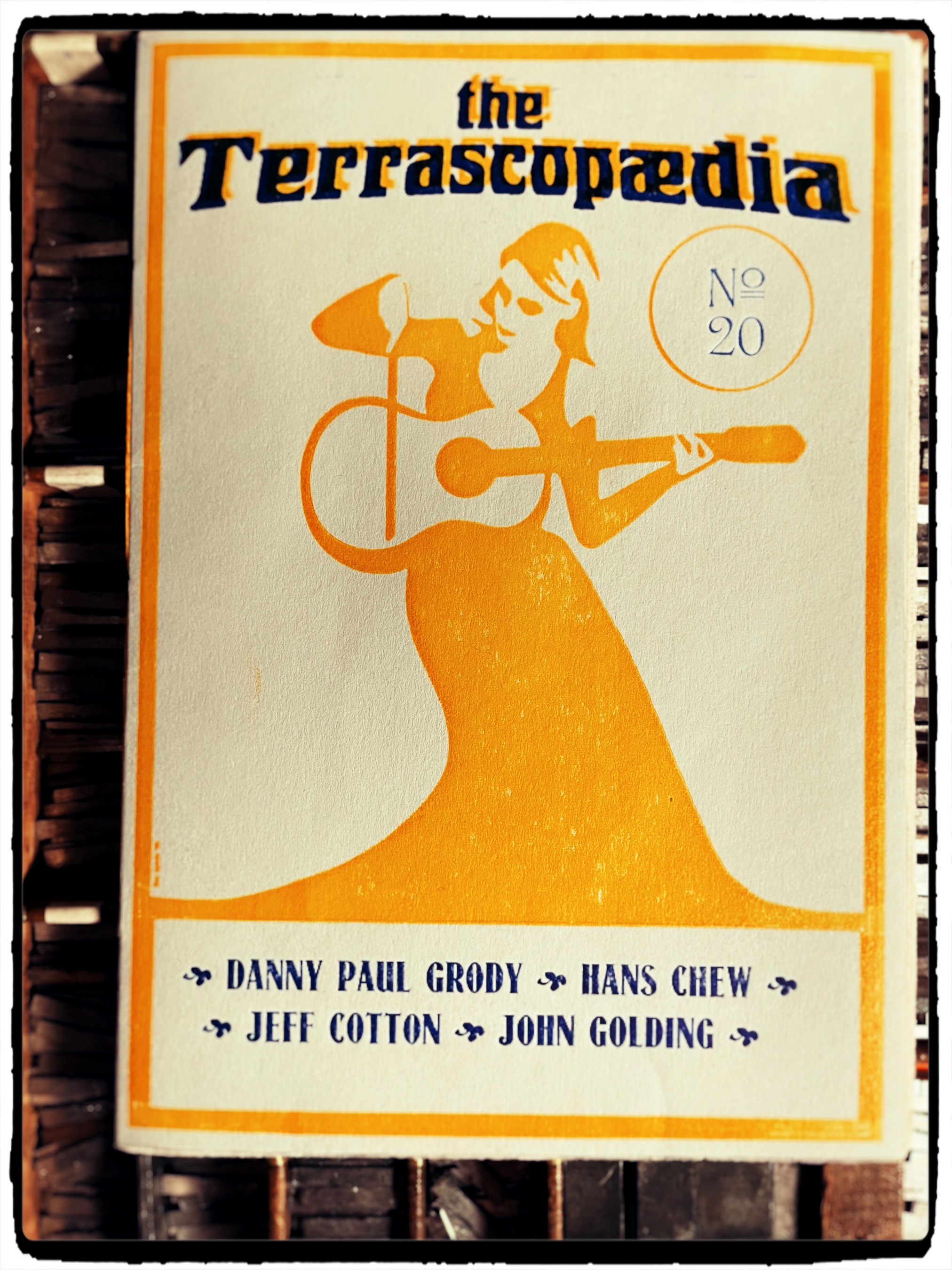 issue 20 of the magazine the Terrascopaedia featuring a lady playing a guitar with a cello bow